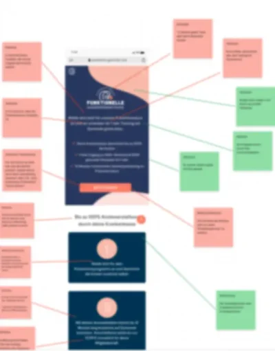 Gymondo Case Study Exploration Abbildung der alten Gymondo Landingpage in Figma mit Post-Its, welche die aktuellen Potenziale aufzeigen